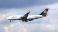 FRANKFURT, GERMANY - FEB 28th, 2015: The Lufthansa Boeing 747 - MSN 26427 - D-ABVN, named Dortmund landing at Frankfurt Royalty Free Stock Photo