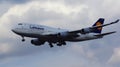 FRANKFURT, GERMANY - FEB 28th, 2015: The Lufthansa Boeing 747 - MSN 26427 - D-ABVN, named Dortmund landing at Frankfurt Royalty Free Stock Photo