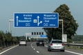 Frankfurt, Germany 29.09.2017 - German highway autobahn blue road sign leading to the airport duesseldorf