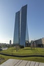 panoramic view of new ECB building in ostend, frankfurt am Main with memorial of the jews deported from the former train station Royalty Free Stock Photo