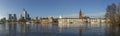 panoramic view to skyline of Frankfurt am Main, Germany with high water at river Main