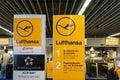 Lufthansa airline check-in counter in Frankfurt International Airport in Germany. Royalty Free Stock Photo