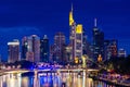 FRANKFURT, GERMANY, 25 JULY 2020 Modern cityscape of the business district with reflection on the Main river at night Royalty Free Stock Photo