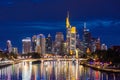 FRANKFURT, GERMANY, 25 JULY 2020 Modern cityscape of the business district with reflection on the Main river at night Royalty Free Stock Photo