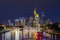 FRANKFURT, GERMANY, 25 JULY 2020 Modern cityscape of the business district with reflection on the Main river at night Royalty Free Stock Photo