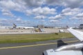 View to parking Lufthansa cargo aircraft at the apron at Frankfurt international airport Royalty Free Stock Photo