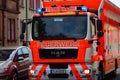 A fire engine on an alarm in Frankfurt, Germany