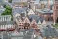 FRANKFURT, GERMANY - JUNE 4, 2017: Aerial view to a center of Frankfurt am Main, modern ald old traditional buildings, church and