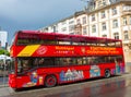 Frankfurt, Germany - June 15, 2016: A double-decker tourist sightseeing bus at Paulsplatz square in Old Town. Royalty Free Stock Photo