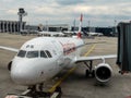 Front view at an Airbus A320-200 of Austrian airline at the Frankfurt airport