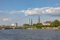 anorama with river Main of Schaumainkai museum area in Sachsenhausen with new building of European central bank