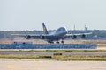 Frankfurt Germany 11.08.19 Lufthansa Airbus A380 4-engine jet airliner starting at the fraport airport takeoff Royalty Free Stock Photo