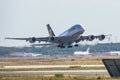 Frankfurt Germany 11.08.19 Lufthansa Airbus A380 4-engine jet airliner starting at the fraport airport takeoff Royalty Free Stock Photo