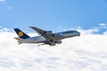 Frankfurt Germany 11.08.19 Lufthansa Airbus A380 4-engine jet airliner starting at the fraport airport takeoff Royalty Free Stock Photo
