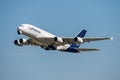 Frankfurt Germany 11.08.19 Lufthansa Airbus A380 4-engine jet airliner starting at the fraport airport takeoff Royalty Free Stock Photo