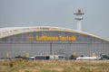 Frankfurt Germany 11.08.19 Lufthansa Technik tec repair hangar. Fraport main hub City Line and Lufthansa Cargo Royalty Free Stock Photo