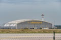 Frankfurt Germany 11.08.19 Lufthansa Technik tec repair hangar. Fraport main hub City Line and Lufthansa Cargo Royalty Free Stock Photo