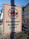 Alcohol ban sign on the Main promenades in Frankfurt due to Corona