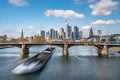 Frankfurt, Germany - March 31, 2020: frankfurt skyline view with a cargo ship passing underneath ignas bubis bridge Royalty Free Stock Photo