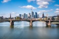 Frankfurt, Germany - March 31, 2020: frankfurt skyline view with ignas bubis bridge during daytime