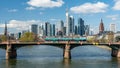 Frankfurt, Germany - March 31, 2020: frankfurt skyline view with ignas bubis bridge during daytime