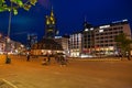 FRANKFURT, GERMANY- MAY 02, 2018: cityview of central area of Frankfurt, Germany. Night street with old architecture style Cafe