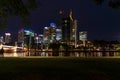 FRANKFURT, GERMANY- MAY 02, 2018: Night cityview of Frankfurt, Germany. Cityscape of night Frankfurt with Main river and