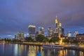 Frankfurt Germany, night at Main River and business skyscraper Royalty Free Stock Photo