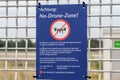 Frankfurt Germany 11.08.19 No-Drone-Zone warning sign on the fence near Frankfurt Airport Royalty Free Stock Photo