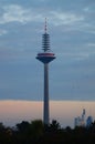 The Frankfurt TV tower after sunset in the evening light.
