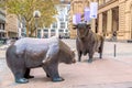 Frankfurt, germany - November, 2018: Bear and Bull sculpture near Frankfurt Stock Exchange building