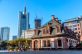 Frankfurt, Germany - November, 2018: Historic Hauptwache Cafe located against business skyscrapers in the centre of Frankfurt am Royalty Free Stock Photo