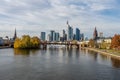 Frankfurt, Germany, November 2020: view on Frankfurt am Main, Germany Financial District and skyline, picture taken on bridge at Royalty Free Stock Photo
