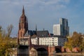 Frankfurt, Germany, November 2020: view on Frankfurt am Main, Germany Financial District and skyline, picture taken on bridge at Royalty Free Stock Photo