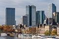 Frankfurt, Germany, November 2020: view on Frankfurt am Main, Germany Financial District and skyline, picture taken on bridge at Royalty Free Stock Photo