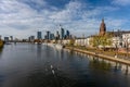 Frankfurt, Germany, November 2020: view on Frankfurt am Main, Germany Financial District and skyline, picture taken on bridge at Royalty Free Stock Photo