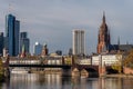 Frankfurt, Germany, November 2020: view on Frankfurt am Main, Germany Financial District and skyline, picture taken on bridge at Royalty Free Stock Photo