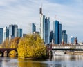 Frankfurt, Germany, November 2020: view on Frankfurt am Main, Germany Financial District and skyline, picture taken on bridge at Royalty Free Stock Photo
