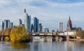 Frankfurt, Germany, November 2020: view on Frankfurt am Main, Germany Financial District and skyline, picture taken on bridge at Royalty Free Stock Photo