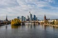 Frankfurt, Germany, November 2020: view on Frankfurt am Main, Germany Financial District and skyline, picture taken on bridge at Royalty Free Stock Photo