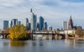 Frankfurt, Germany, November 2020: view on Frankfurt am Main, Germany Financial District and skyline, picture taken on bridge at Royalty Free Stock Photo