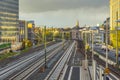 view to Messe area and skyline of Frankfurt with rails of Messe station
