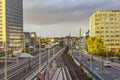 view to Messe area and skyline of Frankfurt with rails of Messe station