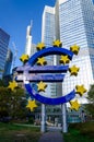 Frankfurt, Germany - October 13, 2023: Euro sign at European Central Bank headquarters in Frankfurt