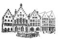 Frankfurt Germany, Romer Town Square and historic buildings, ink sketch illustration.