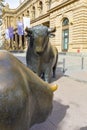 Bear and Bull sculpture in front of Frankfurt Stock Exchange building. The stock exchange donated the sculptures in 1985 to city