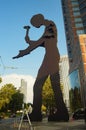 The "Hammering man" sculpture in front of the Messeturm in Frankfurt.