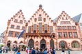 FRANKFURT, GERMANY - SEP 2, 2018: People on Roemerberg square in Frankfurt, Germany. Frankfurt is the fifth-largest city in