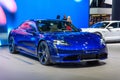 FRANKFURT, GERMANY - SEPT 2019: blue PORSCHE TAYCAN TURBO S is an all-electric 4-door coupe was first unveiled as a concept car