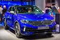 FRANKFURT, GERMANY - SEPT 2019: blue VOLKSWAGEN VW T-ROC R electric SUV car, IAA International Motor Show Auto Exhibtion Royalty Free Stock Photo